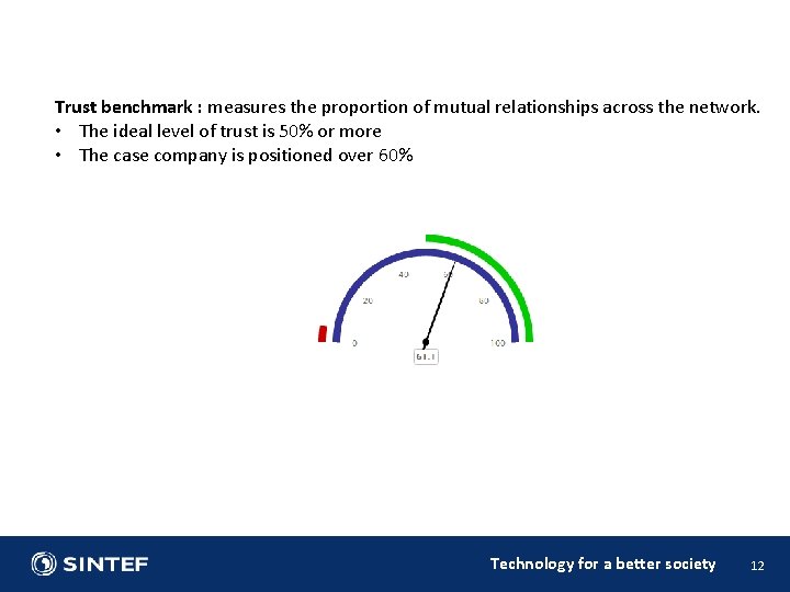 Trust benchmark : measures the proportion of mutual relationships across the network. • The