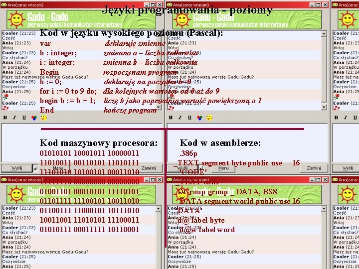 Języki programowania - poziomy Kod w języku wysokiego poziomu (Pascal): var deklaruję zmienne b