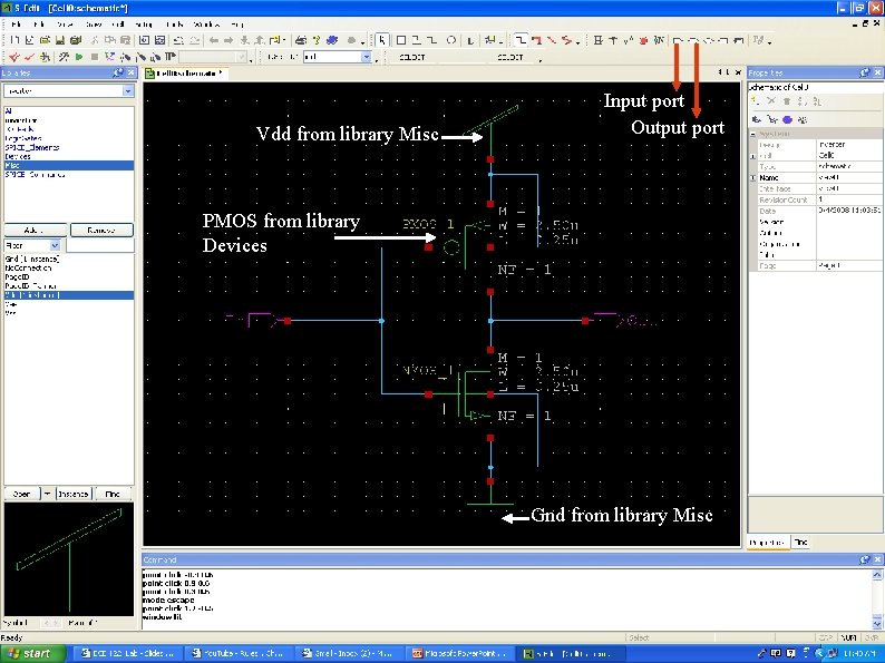 Vdd from library Misc Input port Output port PMOS from library Devices Gnd from