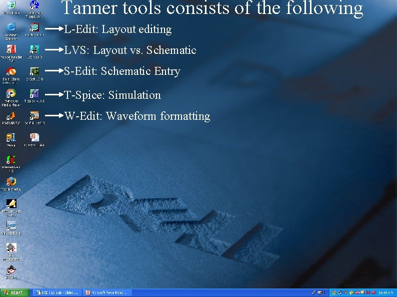 Tanner tools consists of the following L-Edit: Layout editing LVS: Layout vs. Schematic S-Edit:
