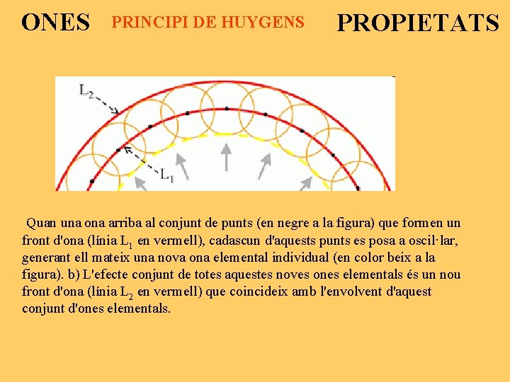 ONES PRINCIPI DE HUYGENS PROPIETATS Quan una ona arriba al conjunt de punts (en