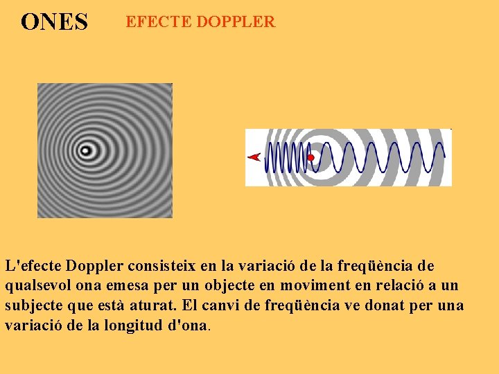 ONES EFECTE DOPPLER L'efecte Doppler consisteix en la variació de la freqüència de qualsevol