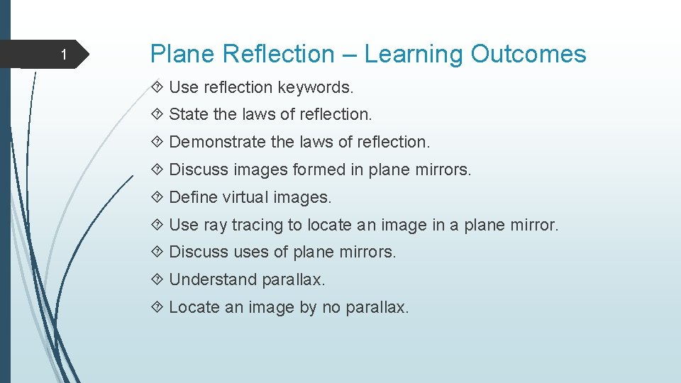 1 Plane Reflection – Learning Outcomes Use reflection keywords. State the laws of reflection. 1 Plane Reflection – Learning Outcomes Use reflection keywords. State the laws of reflection.