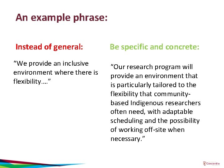 An example phrase: Instead of general: Be specific and concrete: “We provide an inclusive