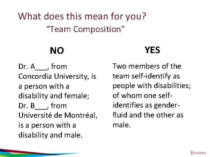 What does this mean for you? “Team Composition” NO YES Dr. A___, from Concordia
