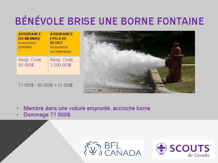 BÉNÉVOLE BRISE UNE BORNE FONTAINE ASSURANCE DU MEMBRE Assurance primaire ASSURANCE FPQ 6 DE