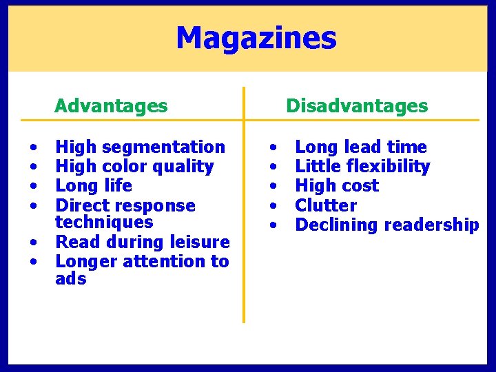 Magazines Advantages • • High segmentation High color quality Long life Direct response techniques Magazines Advantages • • High segmentation High color quality Long life Direct response techniques