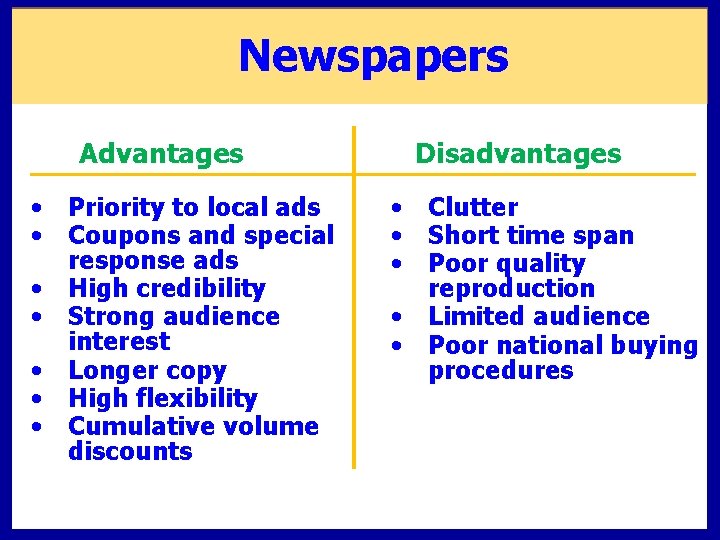 Newspapers Advantages • Priority to local ads • Coupons and special response ads • Newspapers Advantages • Priority to local ads • Coupons and special response ads •
