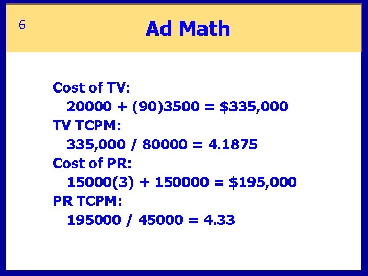 6 Ad Math Cost of TV: 20000 + (90)3500 = $335, 000 TV TCPM: 6 Ad Math Cost of TV: 20000 + (90)3500 = $335, 000 TV TCPM: