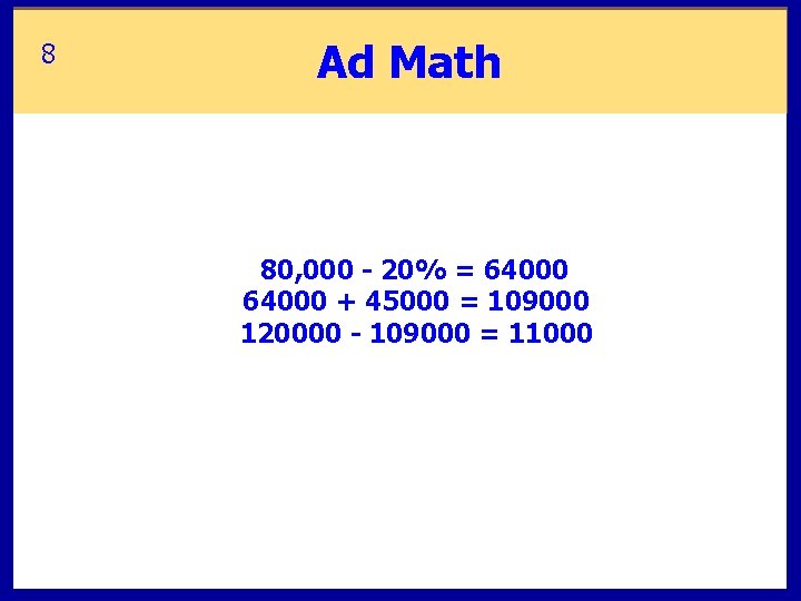 8 Ad Math 80, 000 - 20% = 64000 + 45000 = 109000 120000 8 Ad Math 80, 000 - 20% = 64000 + 45000 = 109000 120000