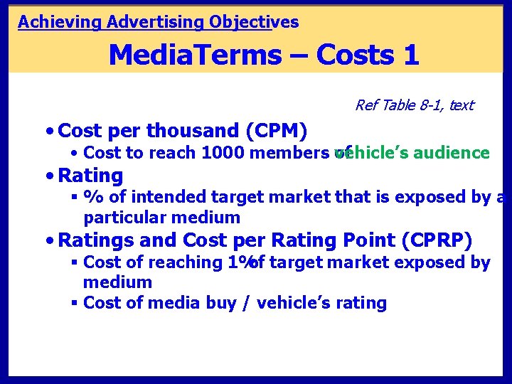 Achieving Advertising Objectives Media. Terms – Costs 1 Ref Table 8 -1, text • Achieving Advertising Objectives Media. Terms – Costs 1 Ref Table 8 -1, text •