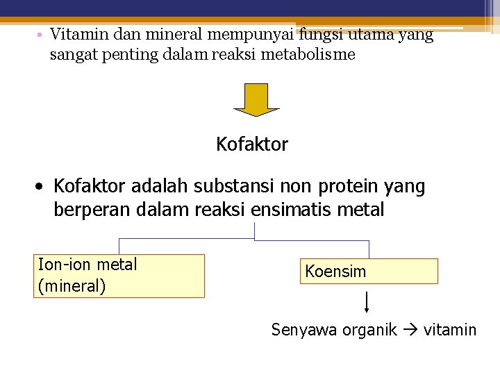  • Vitamin dan mineral mempunyai fungsi utama yang sangat penting dalam reaksi metabolisme