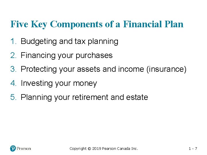 Five Key Components of a Financial Plan 1. Budgeting and tax planning 2. Financing