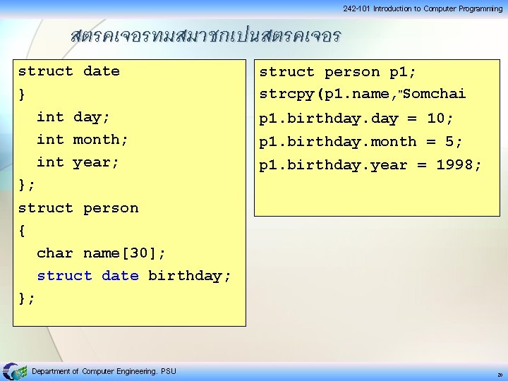 242 -101 Introduction to Computer Programming สตรคเจอรทมสมาชกเปนสตรคเจอร struct date } int day; int month; 242 -101 Introduction to Computer Programming สตรคเจอรทมสมาชกเปนสตรคเจอร struct date } int day; int month;