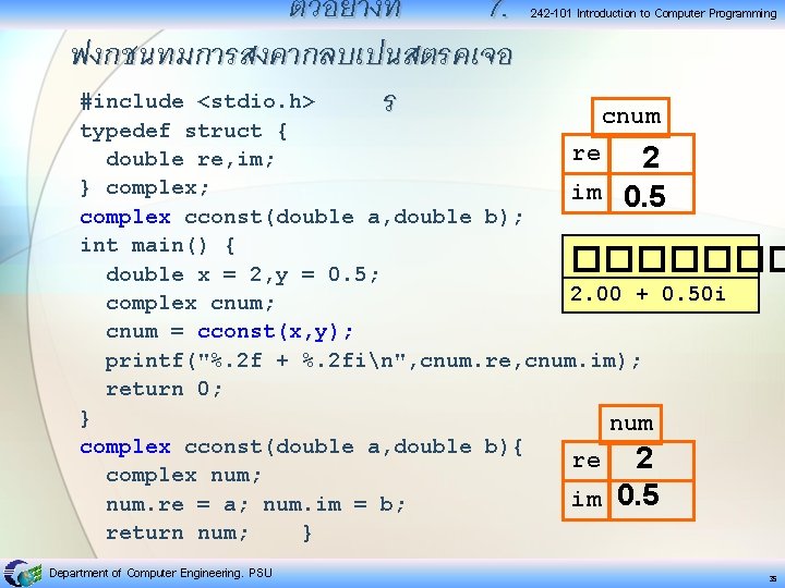 ตวอยางท 7. ฟงกชนทมการสงคากลบเปนสตรคเจอ #include <stdio. h> ร 242 -101 Introduction to Computer Programming cnum ตวอยางท 7. ฟงกชนทมการสงคากลบเปนสตรคเจอ #include <stdio. h> ร 242 -101 Introduction to Computer Programming cnum