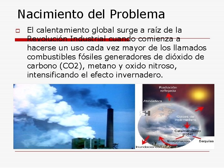 Nacimiento del Problema o El calentamiento global surge a raíz de la Revolución Industrial Nacimiento del Problema o El calentamiento global surge a raíz de la Revolución Industrial
