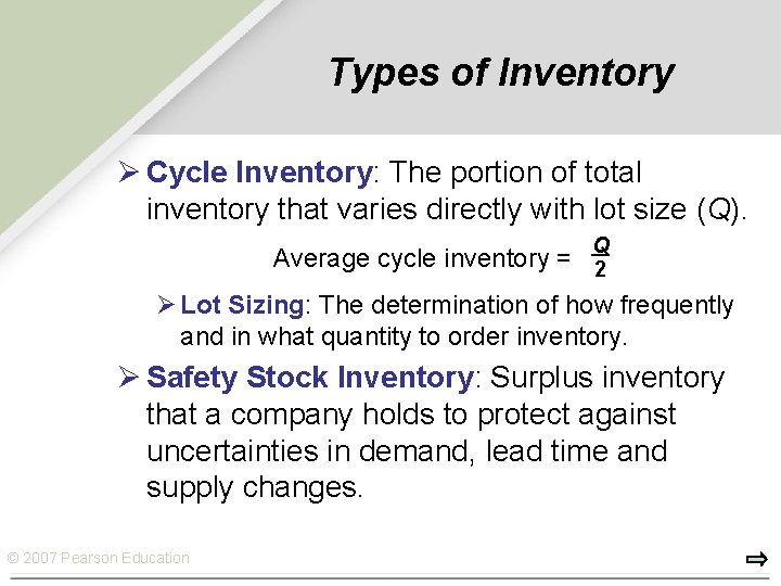 Types of Inventory Ø Cycle Inventory: The portion of total inventory that varies directly