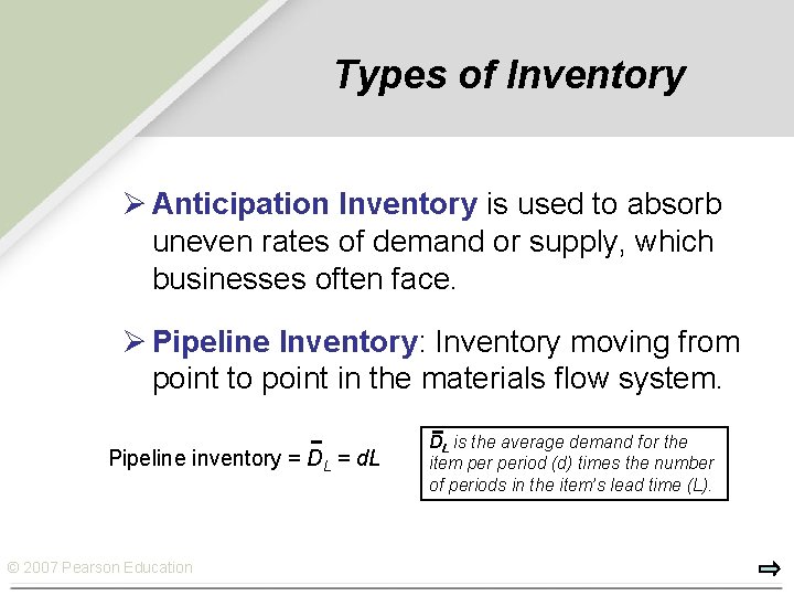 Types of Inventory Ø Anticipation Inventory is used to absorb uneven rates of demand