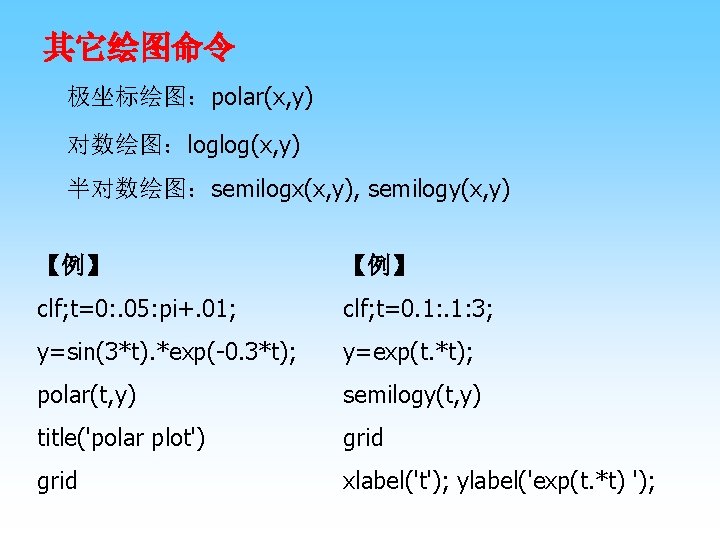 其它绘图命令 极坐标绘图：polar(x, y) 对数绘图：loglog(x, y) 半对数绘图：semilogx(x, y), semilogy(x, y) 【例】 clf; t=0: . 05: