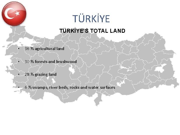 TÜRKİYE’S TOTAL LAND • 36 % agricultural land • 30 % forests and brushwood