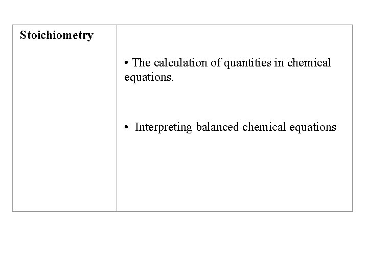 Stoichiometry • The calculation of quantities in chemical equations. • Interpreting balanced chemical equations Stoichiometry • The calculation of quantities in chemical equations. • Interpreting balanced chemical equations