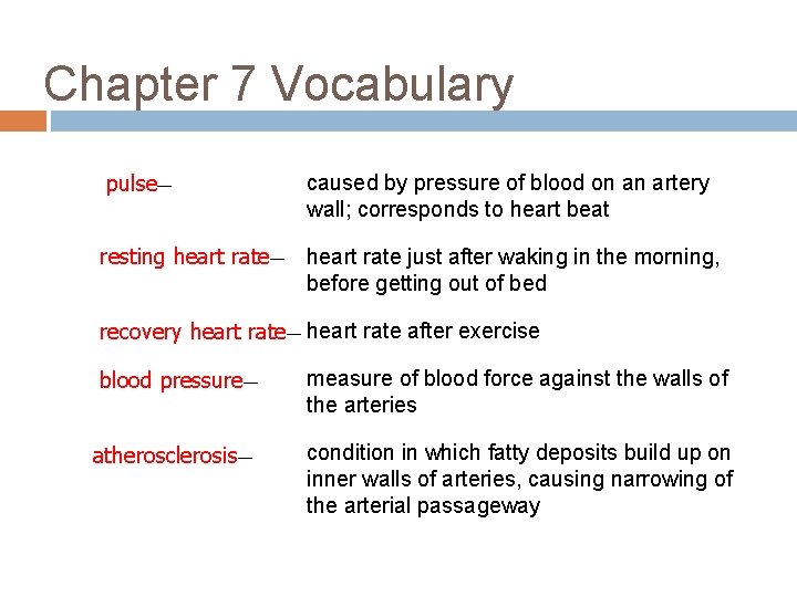 Chapter 7 Vocabulary pulse— caused by pressure of blood on an artery wall; corresponds