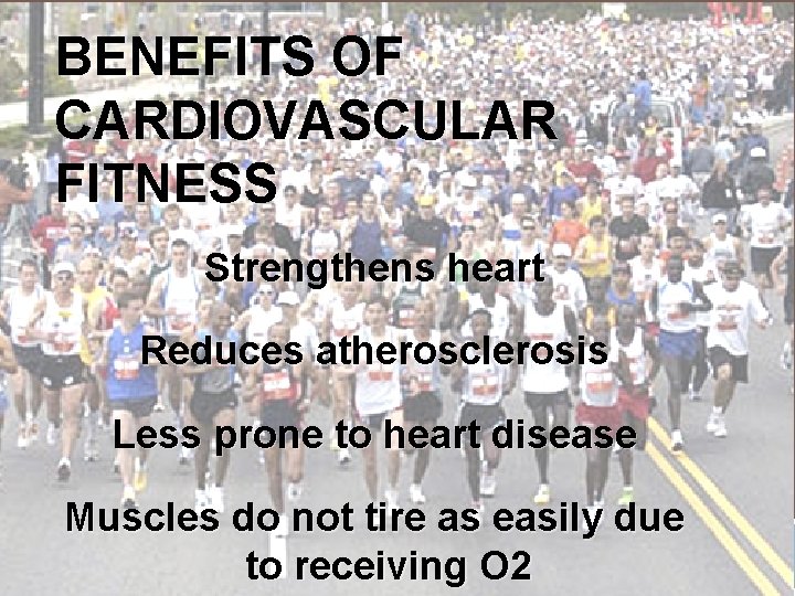 BENEFITS OF CARDIOVASCULAR FITNESS Strengthens heart Reduces atherosclerosis Less prone to heart disease Muscles