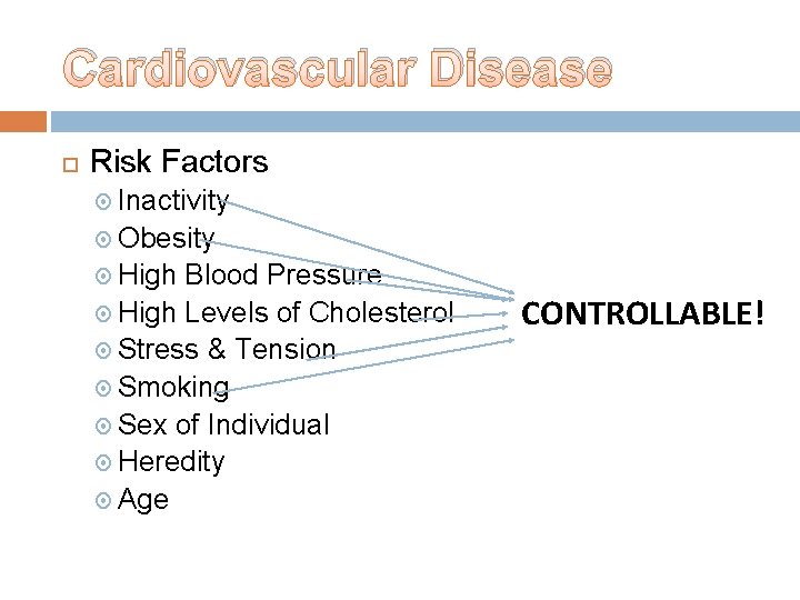 Cardiovascular Disease Risk Factors Inactivity Obesity High Blood Pressure High Levels of Cholesterol Stress