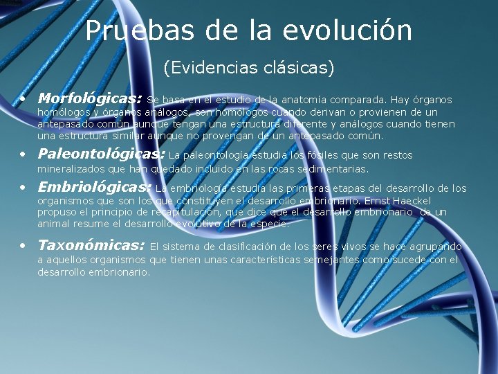 Pruebas de la evolución (Evidencias clásicas) • Morfológicas: Se basa en el estudio de