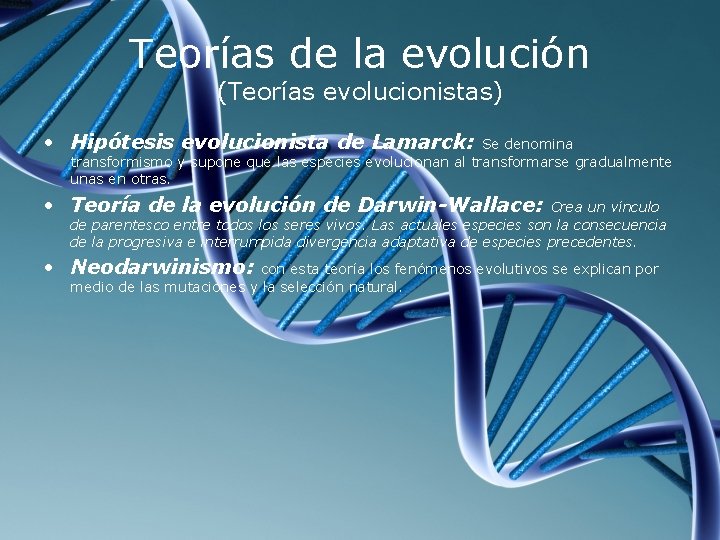 Teorías de la evolución (Teorías evolucionistas) • Hipótesis evolucionista de Lamarck: Se denomina transformismo