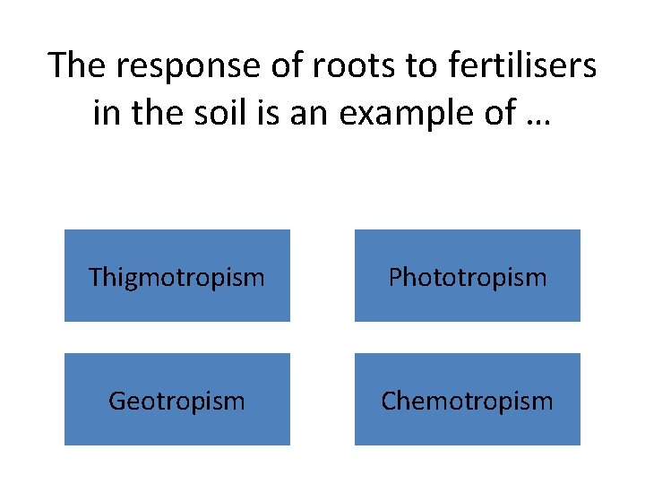 The response of roots to fertilisers in the soil is an example of …