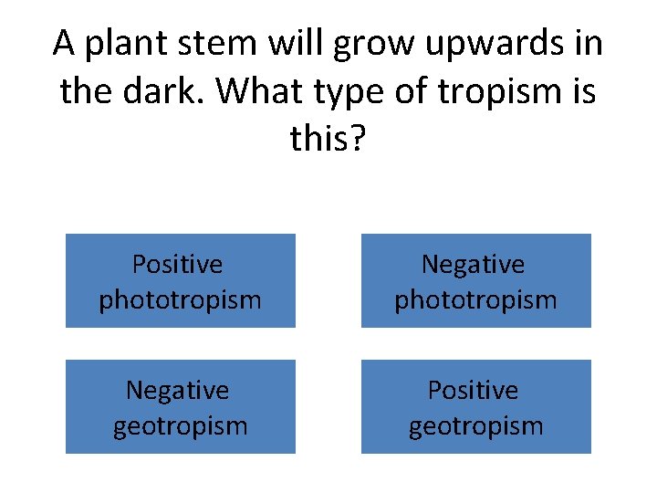 A plant stem will grow upwards in the dark. What type of tropism is