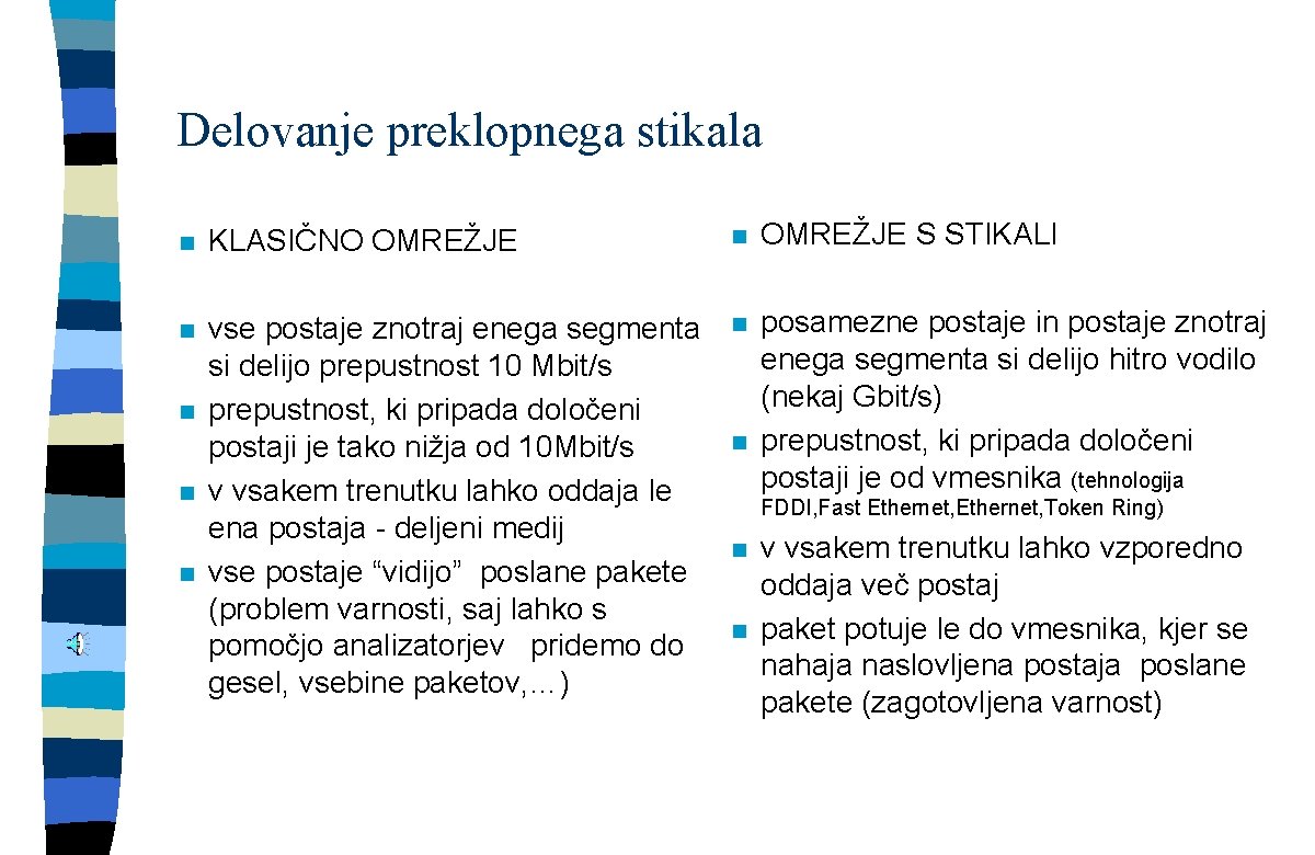 Delovanje preklopnega stikala n KLASIČNO OMREŽJE n OMREŽJE S STIKALI n vse postaje znotraj