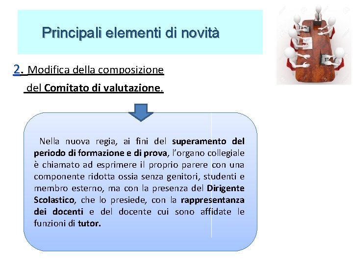 Principali elementi di novità 2. Modifica della composizione del Comitato di valutazione. Nella nuova Principali elementi di novità 2. Modifica della composizione del Comitato di valutazione. Nella nuova