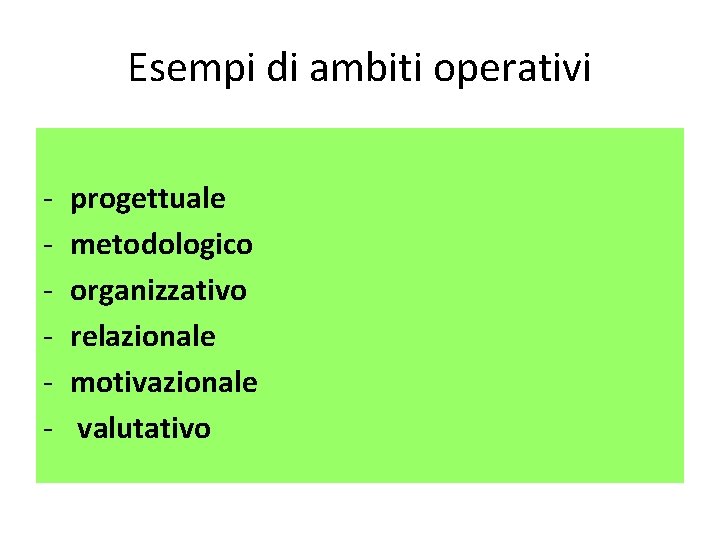 Esempi di ambiti operativi - progettuale metodologico organizzativo relazionale motivazionale valutativo Esempi di ambiti operativi - progettuale metodologico organizzativo relazionale motivazionale valutativo