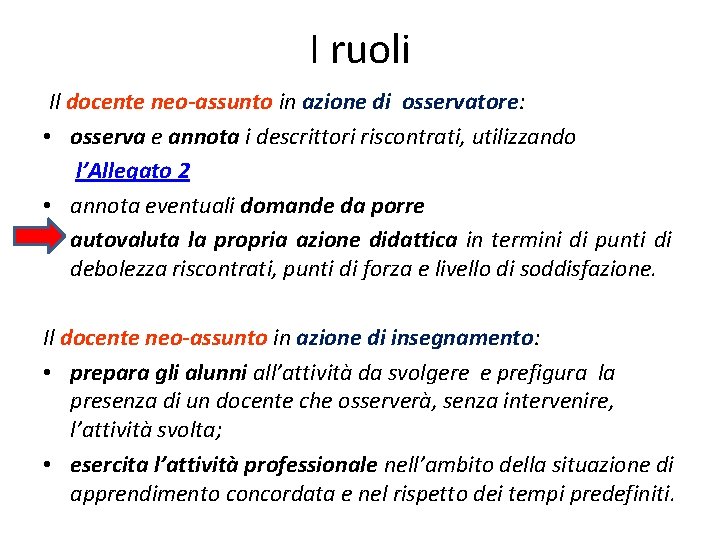 I ruoli Il docente neo-assunto in azione di osservatore: • osserva e annota i I ruoli Il docente neo-assunto in azione di osservatore: • osserva e annota i