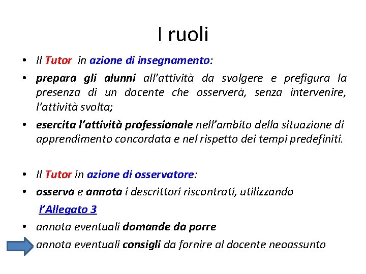 I ruoli • Il Tutor in azione di insegnamento: • prepara gli alunni all’attività I ruoli • Il Tutor in azione di insegnamento: • prepara gli alunni all’attività
