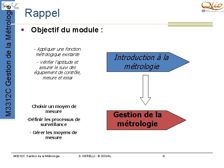 M 3312 C Gestion de la Métrologie Rappel § Objectif du module : - M 3312 C Gestion de la Métrologie Rappel § Objectif du module : -