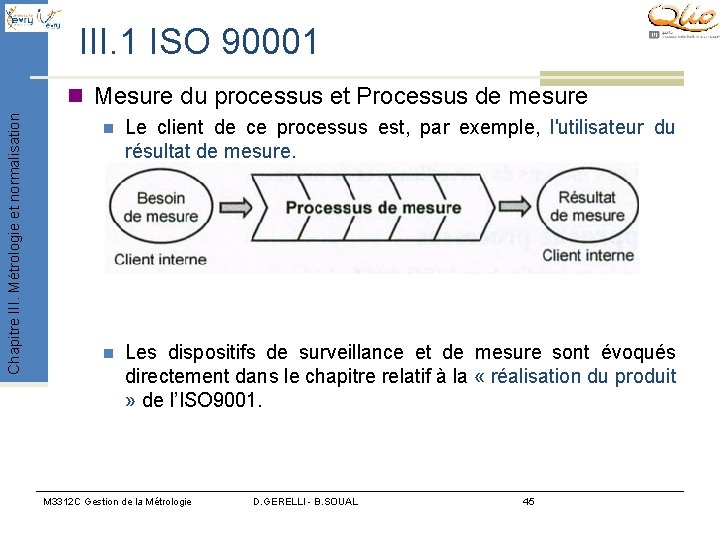 III. 1 ISO 90001 Chapitre III. Métrologie et normalisation n Mesure du processus et III. 1 ISO 90001 Chapitre III. Métrologie et normalisation n Mesure du processus et