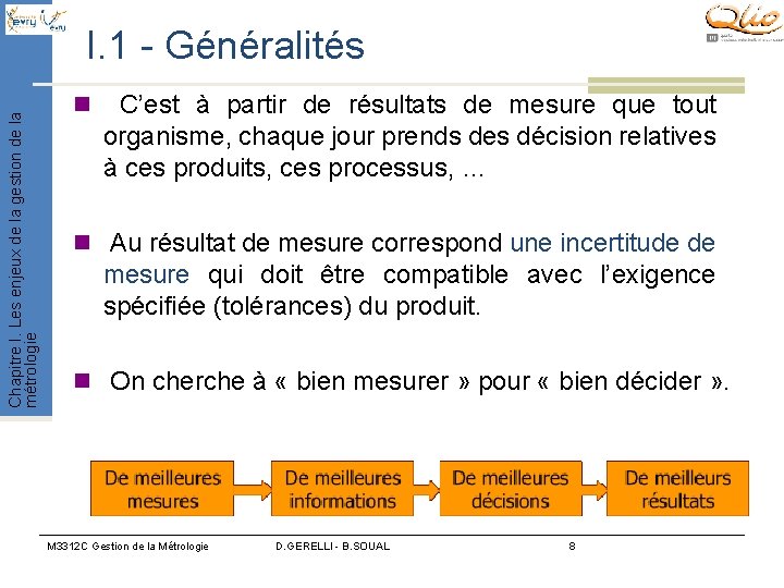 Chapitre I. Les enjeux de la gestion de la métrologie I. 1 - Généralités Chapitre I. Les enjeux de la gestion de la métrologie I. 1 - Généralités