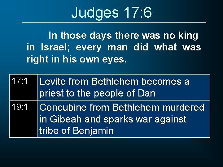 Judges 17: 6 In those days there was no king in Israel; every man