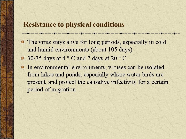 Resistance to physical conditions The virus stays alive for long periods, especially in cold