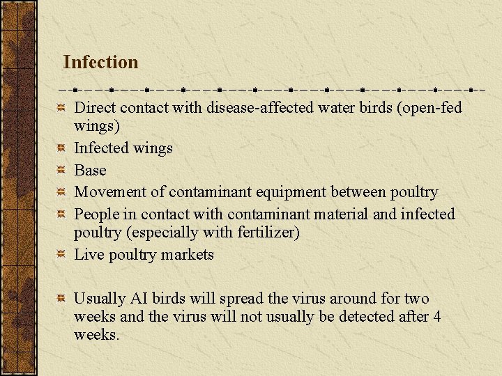 Infection Direct contact with disease-affected water birds (open-fed wings) Infected wings Base Movement of