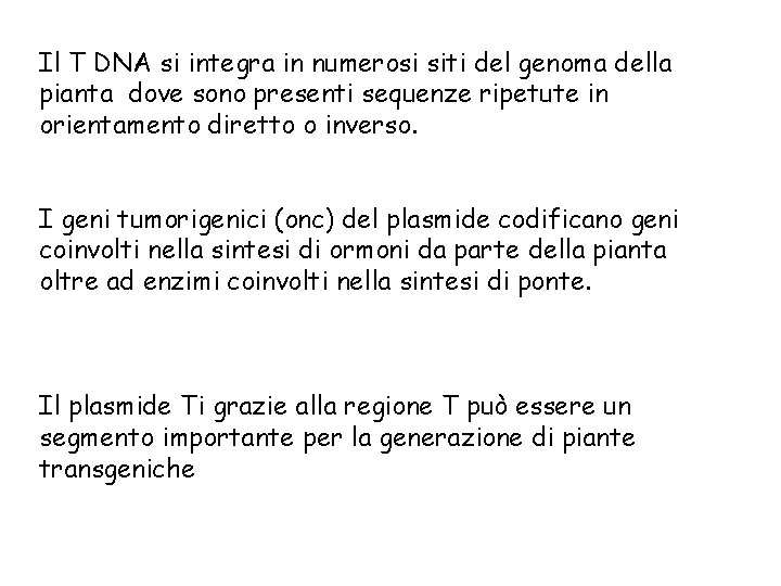 Il T DNA si integra in numerosi siti del genoma della pianta dove sono