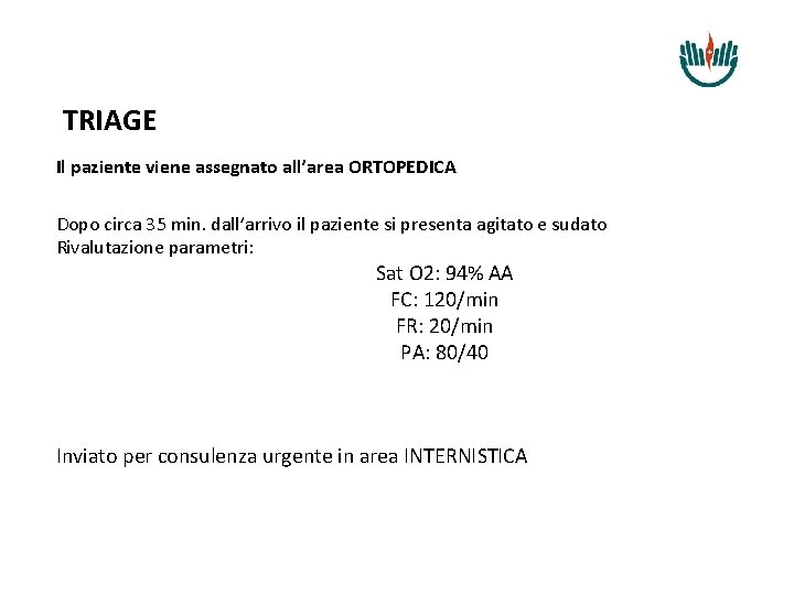 TRIAGE Il paziente viene assegnato all’area ORTOPEDICA Dopo circa 35 min. dall’arrivo il paziente