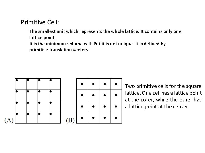 Primitive Cell: The smallest unit which represents the whole lattice. It contains only one Primitive Cell: The smallest unit which represents the whole lattice. It contains only one