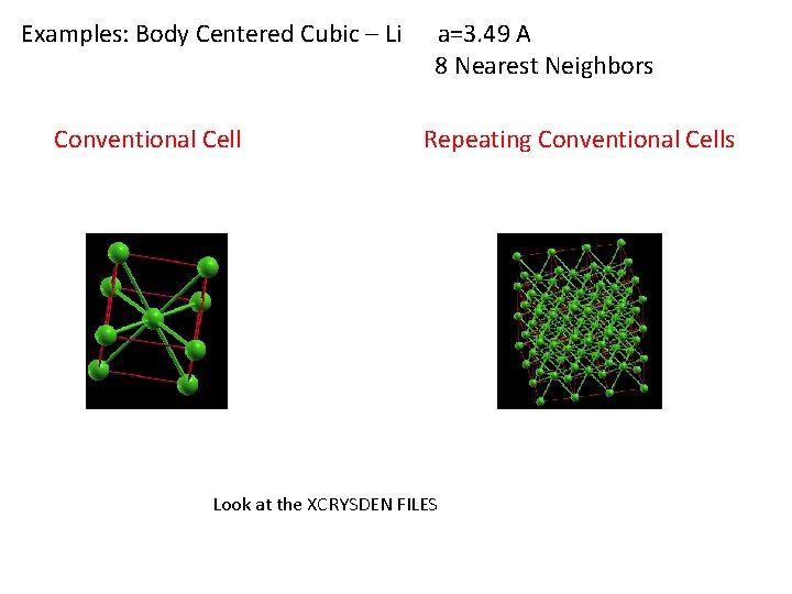 Examples: Body Centered Cubic – Li Conventional Cell a=3. 49 A 8 Nearest Neighbors Examples: Body Centered Cubic – Li Conventional Cell a=3. 49 A 8 Nearest Neighbors