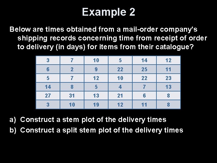Example 2 Below are times obtained from a mail-order company's shipping records concerning time