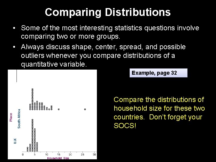 Comparing Distributions • Some of the most interesting statistics questions involve comparing two or