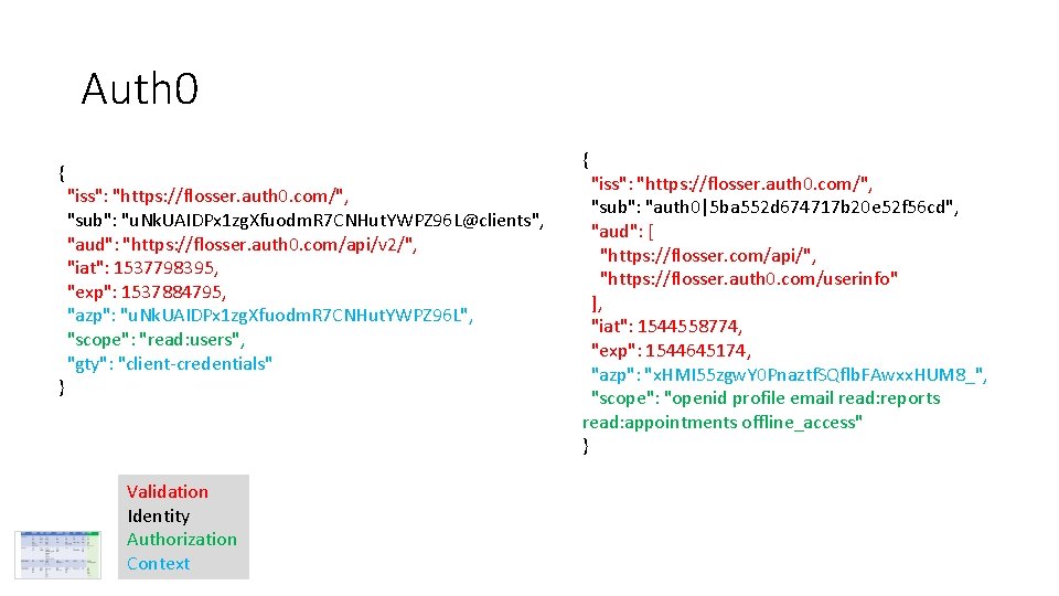 Auth 0 { } { "iss": "https: //flosser. auth 0. com/", "sub": "u. Nk.